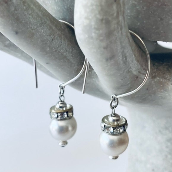 White Pearls by Swarovski & Sterling Silver Earrings - 1 3/4 Inch Drop - Picture 1 of 16